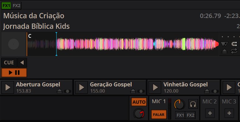 Mixxx em português tocando Música da Criação, com a fileira de vinhetas e o botão FALAR aceso