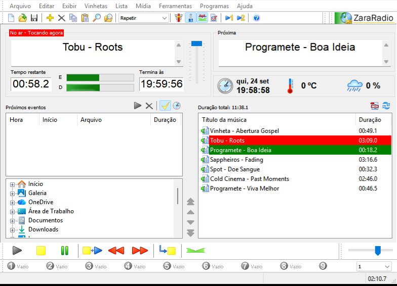 ZaraRadio em português tocando a programação: No ar, Tocando agora: Tobu, Roots. Próxima: Programete, Boa Ideia