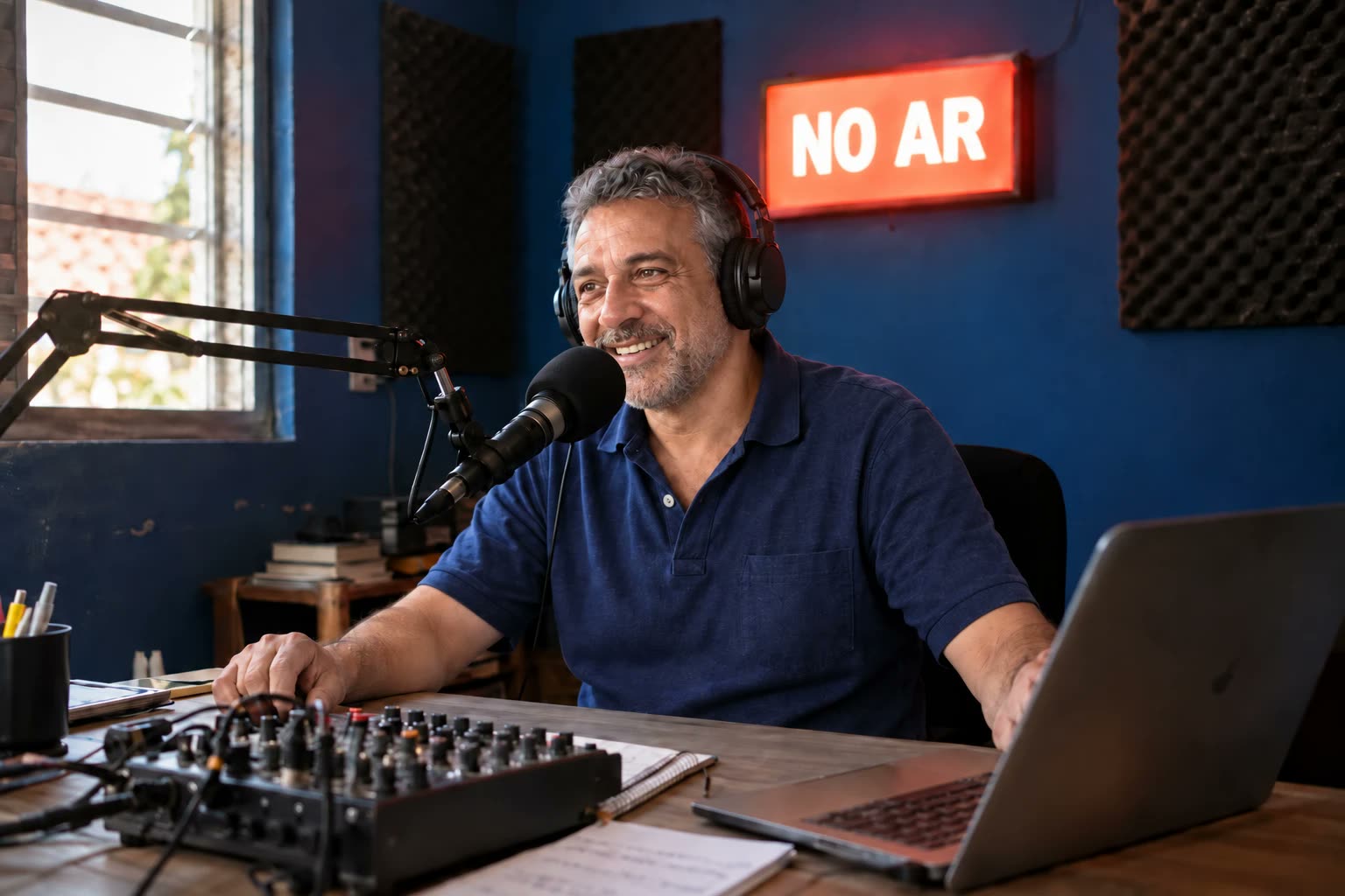 Locutor falando ao microfone num estúdio montado em casa, com a placa NO AR acesa atrás dele