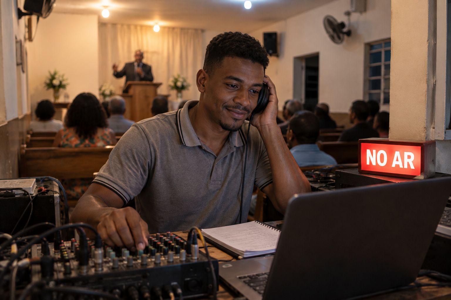 Operador de som de uma igreja transmitindo o culto pelo notebook