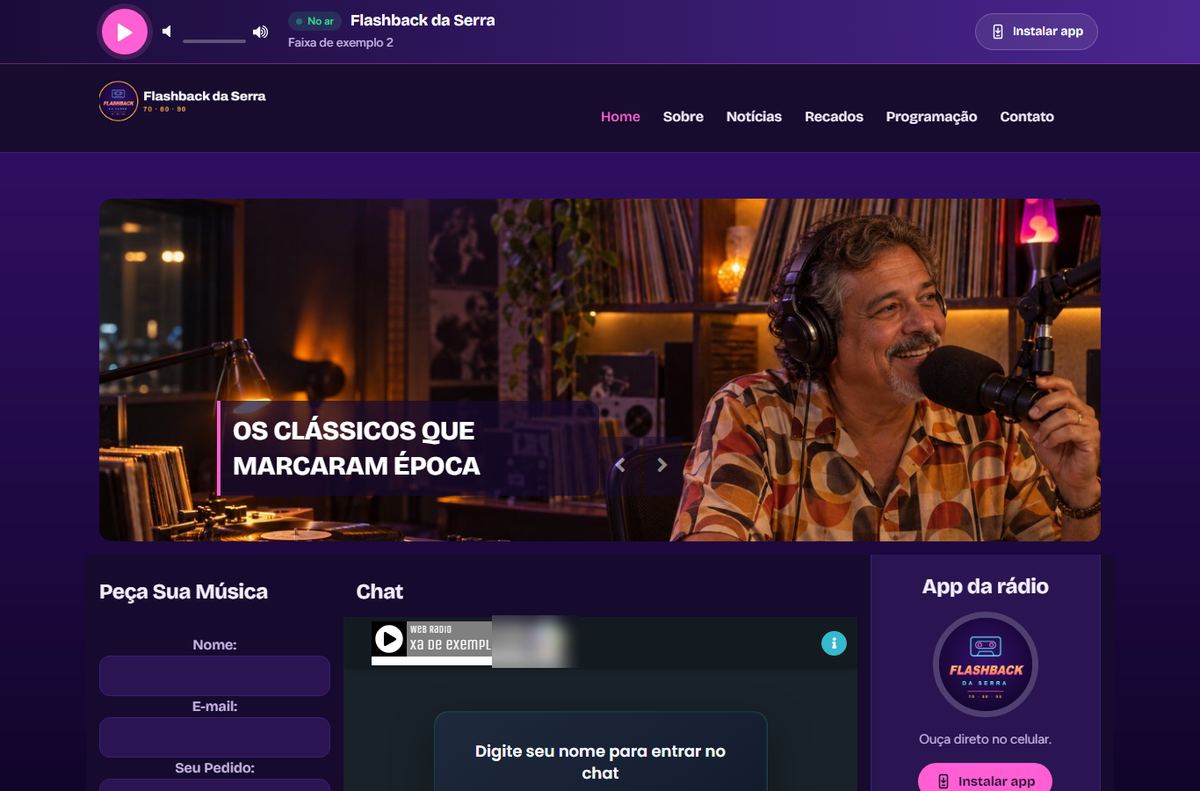 Site da rádio de exemplo Flashback da Serra, estilo Flashback: logo, menu, capa e player nas cores da rádio