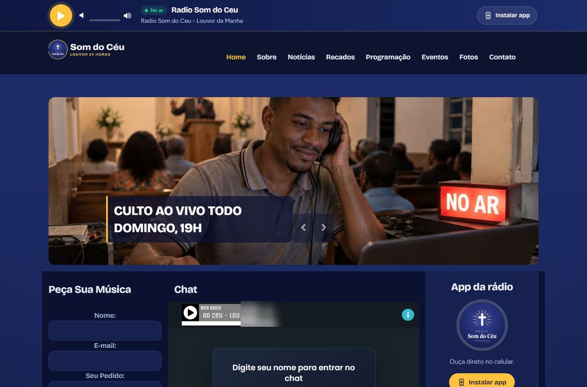 Site da rádio de exemplo Rádio Som do Céu, estilo Gospel: logo, menu, capa e player nas cores da rádio