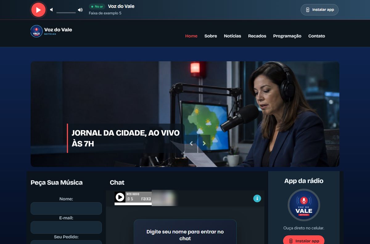 Site da rádio de exemplo Voz do Vale, estilo Notícias: logo, menu, capa e player nas cores da rádio