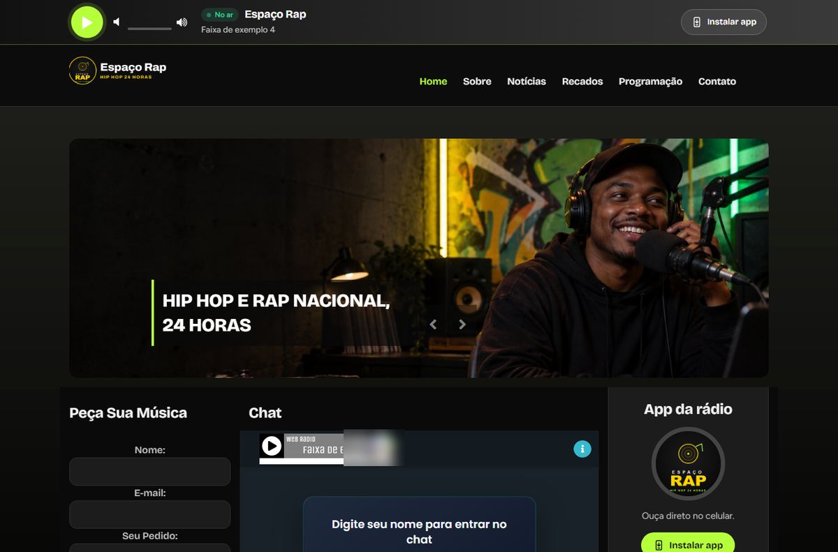 Site da rádio de exemplo Espaço Rap, estilo Rap e hip hop: logo, menu, capa e player nas cores da rádio