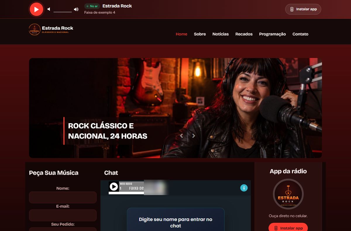 Site da rádio de exemplo Estrada Rock, estilo Rock: logo, menu, capa e player nas cores da rádio
