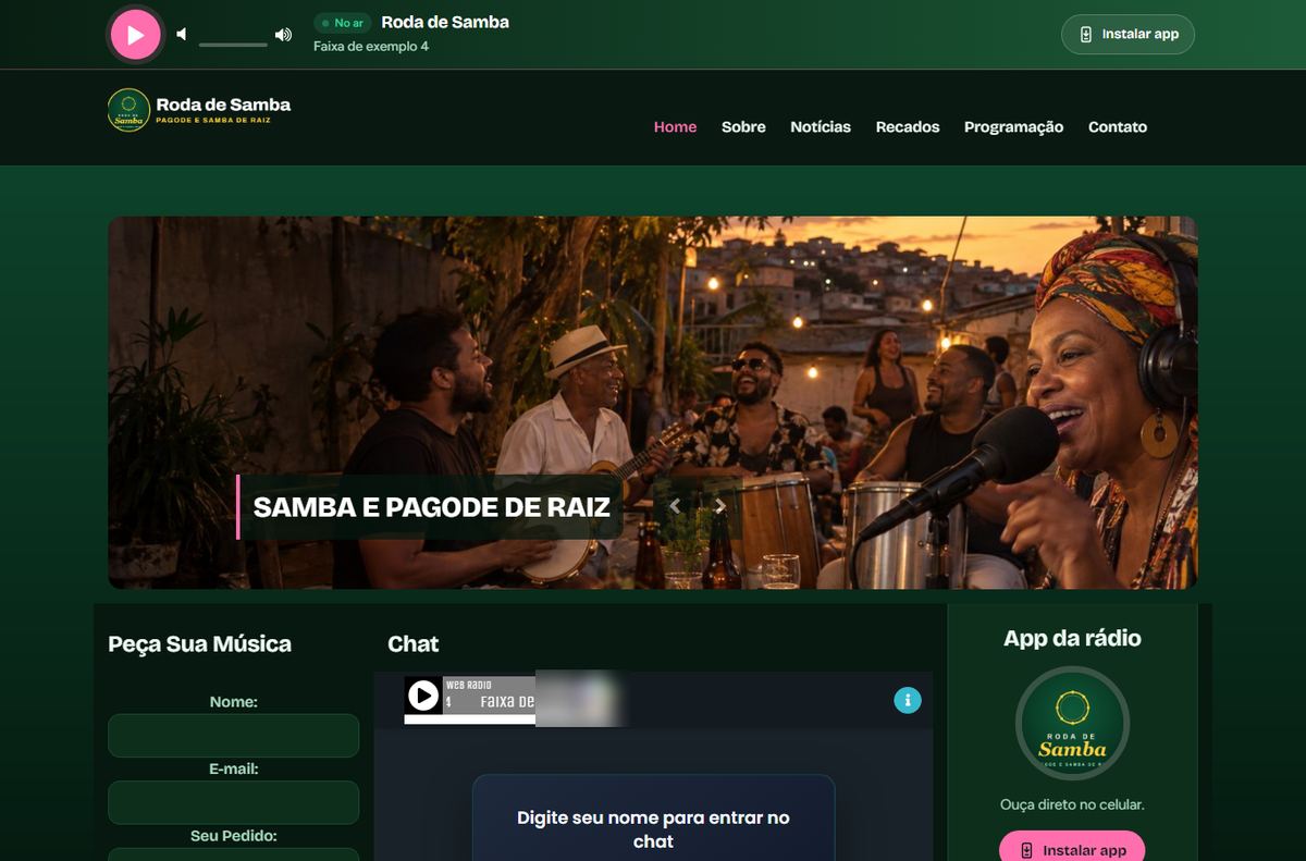 Site da rádio de exemplo Roda de Samba, estilo Samba e pagode: logo, menu, capa e player nas cores da rádio