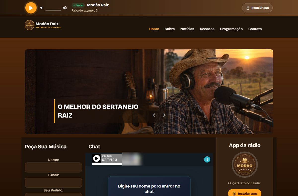 Site da rádio de exemplo Modão Raiz, estilo Sertanejo: logo, menu, capa e player nas cores da rádio