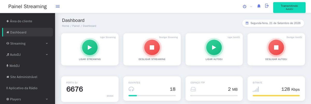 Painel da rádio: botões de ligar e desligar o streaming e o AutoDJ, ouvintes agora, espaço usado e qualidade do som, com o selo Transmitindo
