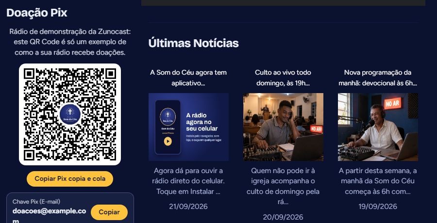 Bloco de doação por Pix com QR Code e as últimas notícias da rádio com foto e data